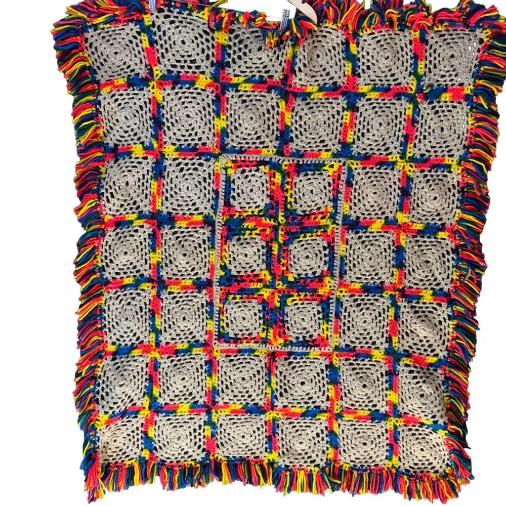Vintage Crochet Granny Square Cottagecore Blanket Afghan Boho Throw‎ Fringe